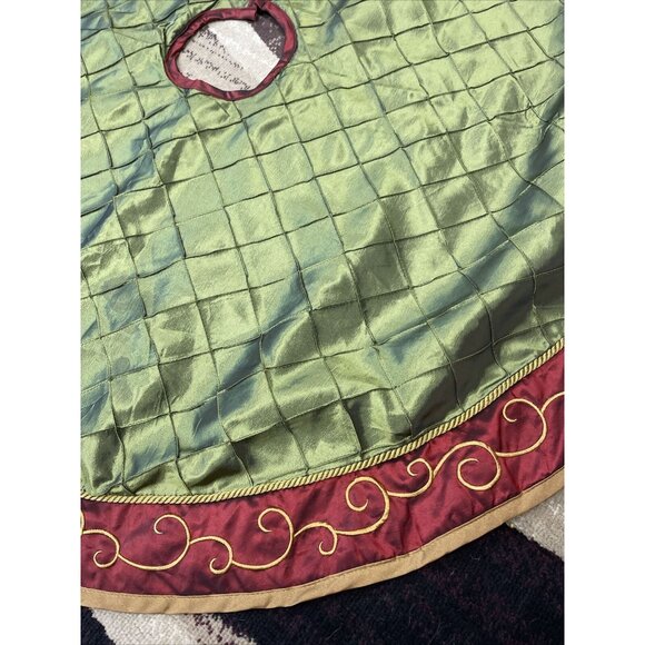 Burgundy Maroon Olive Green Gold Silk Accent Christmas Tree Skirt Approx 45” - Picture 2 of 9
